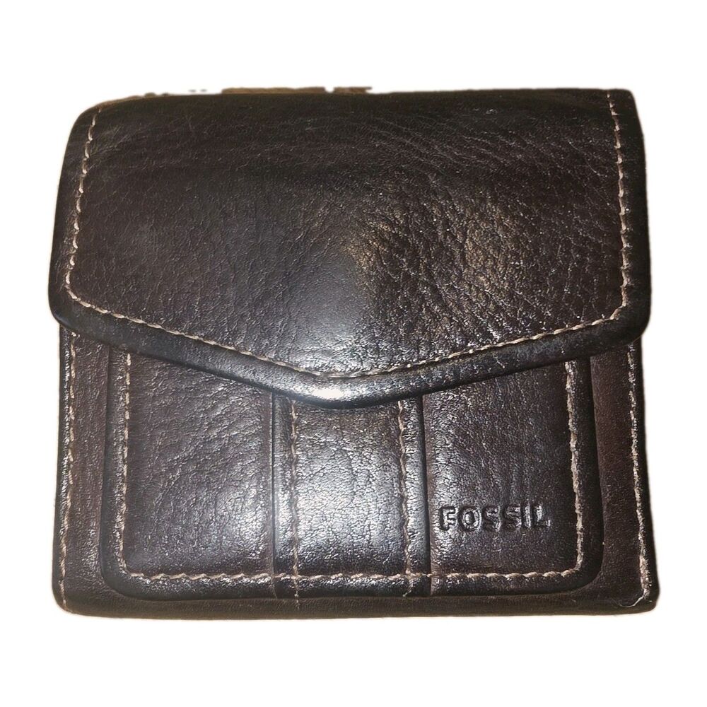 FOSSIL Y2K Vintage Distressed Dark Brown Leather Multi Compartment Logo Wallet